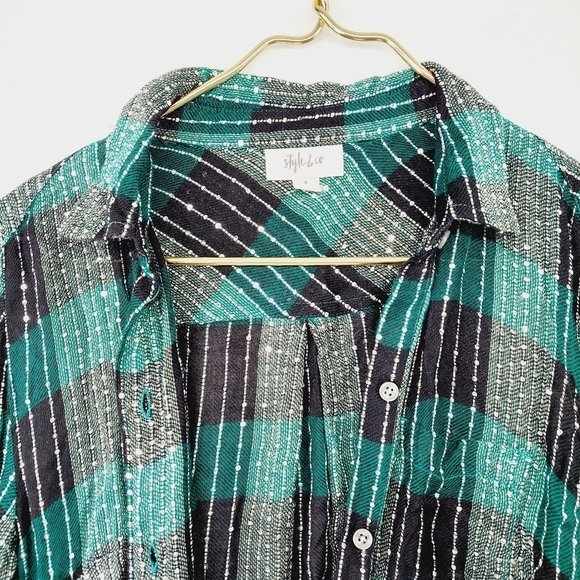 NEW Style & Co Plaid Mountain Green Shimmer Button Down Shirt P1448 - Picture 3 of 11